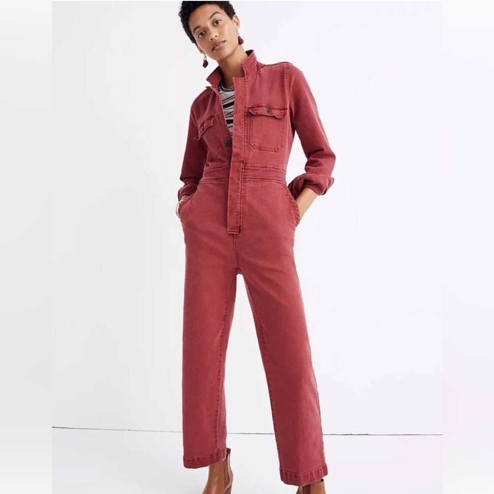 Madewell burgundy dyed denim straight leg overall long sleeve jumpsuit